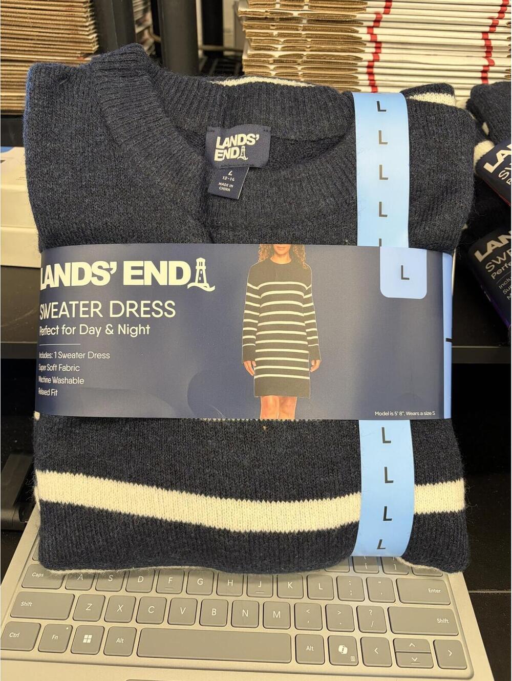 Lands End Navy Blue and White Sweater Dress Size Large